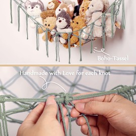 YKBU Stuffed Animals Hammock Corner Hanging Net for Stuffed Animal Storage Plush Toy Holder Toy Organizer for Boho Nursery Playroom Bedroom Kids Room (Green, Large)