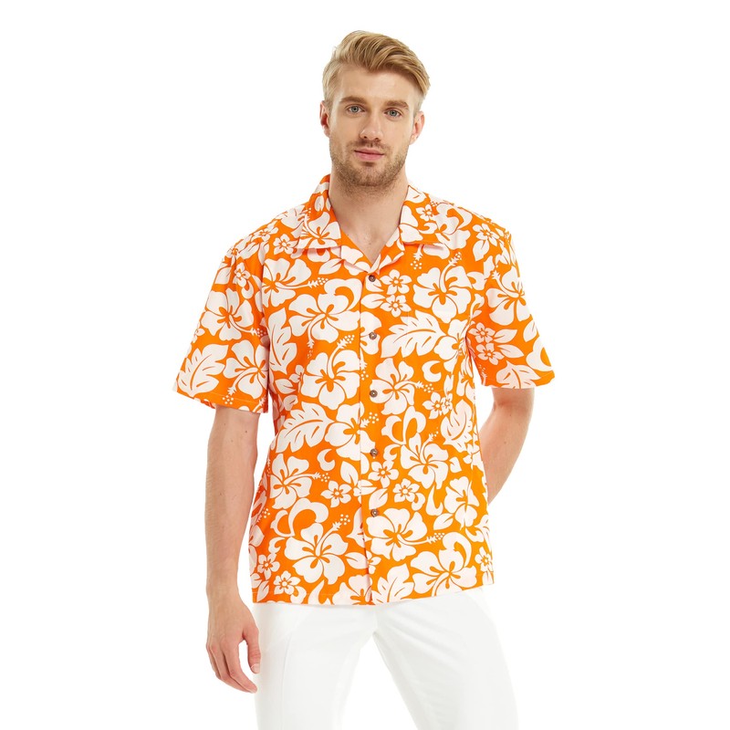 Couple Matching Hawaiian Luau Shirts, Classic Vintage Hibiscus Orange, Women,
