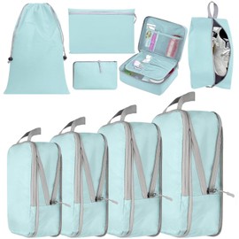 BEANPRECOY 9PCS Compression Packing Cubes for Travel - Waterproof Lightweight Luggage Organizers Set,Various Sizes Space Saver Bags for Carry-On Suitcase,Backpack,Vacation Tour Accessories (Blue/Gray)