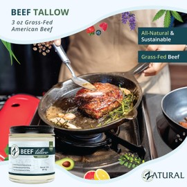 Zatural Beef Tallow - 100% Grass-Fed, American Beef, Non-GMO, Food-Grade, Keto & Paleo Friendly, High Smoke Point for Cooking, Skincare & Soap Making (3oz)