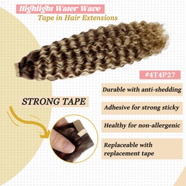 Highlights Blonde Tape in Hair Extensions Real Human Hair for Women 22 Inch Water Wave Tape ins Extensions Ombre Chocolate Fading to Caramel Blonde Full Head 20Pcs 50Gram Invisible Hair Extensions
