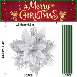 15 Pieces Glitter Poinsettia Christmas Decorations,Artificial Flowers Christmas Tree Ornaments,for New Year Wedding Xmas Wreath Home Party Decor (Silver)