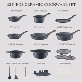22Pcs s Pots and Pans Set Non Stick Non-Toxic Ceramic Cookware Sets Nonstick Kitchen Pot&Pan With Lid Cream Gray Granite Induction Compatible with Glass Lids 10" Griddles Frying Pan PFOA/PFOS-Free
