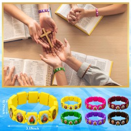 Landical Wood Catholic Bracelets for Women Men Elastic Religious Bracelets with Images Christian Saints Rosary Wristbands Jesus and Rosary Decor for Guest Jesus Baptism First Communion Gift(24)