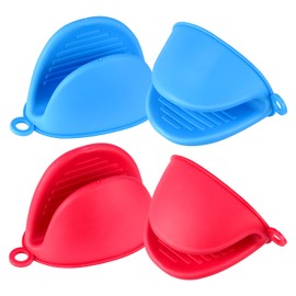 2 Pairs Mini Oven Gloves, Silicone Oven Mitts Heat Resistant, Silicone Potholders Cooking Pinch for Kitchen Cooking & Baking (Red and Blue)