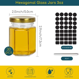Keketin 3 oz Honey Jars,30 Pack Hexagonal Glass Jars with Gold Lids,90ml Small Canning Jar Mini Storage Glass Jars for Jams,Fruits,Spices,Nuts,Jellies,Baby Foods