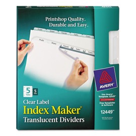 Avery 12449 Index Maker Translucent Dividers, 5-Tabs/Clear, Letter, 5 Sets/PK