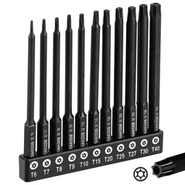 DAKCOS 11 Pieces Screwdriver Bits Set, 1/4 inch Tamper Proof Torx Bit Set for Drill Bit Tools, T6 - T40 | 100mm Length,Torx Head with Hole