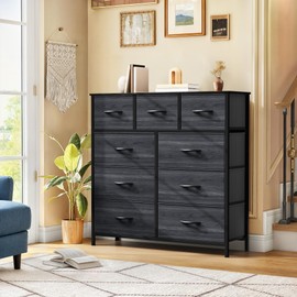DWVO Dresser with 9 Drawers - Fabric Storage Tower, Organizer Unit for Living Room, Hallway - Sturdy Steel Frame, Wooden Top & Easy Pull Fabric Bins