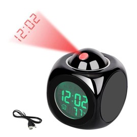 Reloj despertador inteligente de proyección de alarma para dormitorios, reloj despertador digital de informe de voz 12/24, relojes eléctricos HDigitales, proyección en el techo con luz LED que habla por voz, visualización de temperatura de hora (negro)