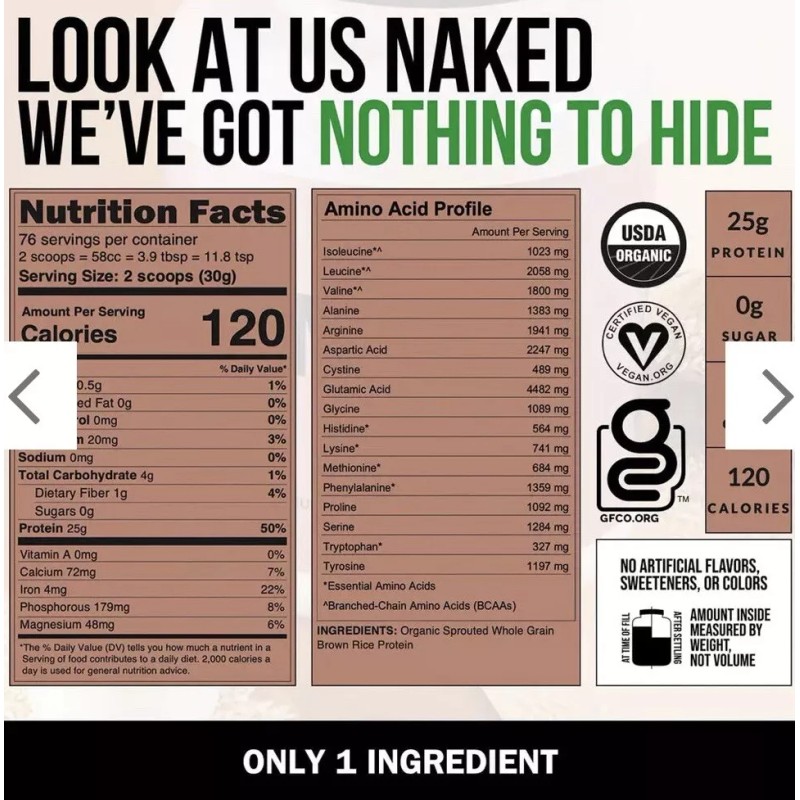 Naked Nutrition Naked Rice Protein Powder - 5LB Organic Vegan/Plant