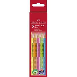 FABER-CASTELL Jumbo Grip Colouring Pencils, Writing Colour: 5 Neon Assorted (Pack of 5), 5 Packs of 5