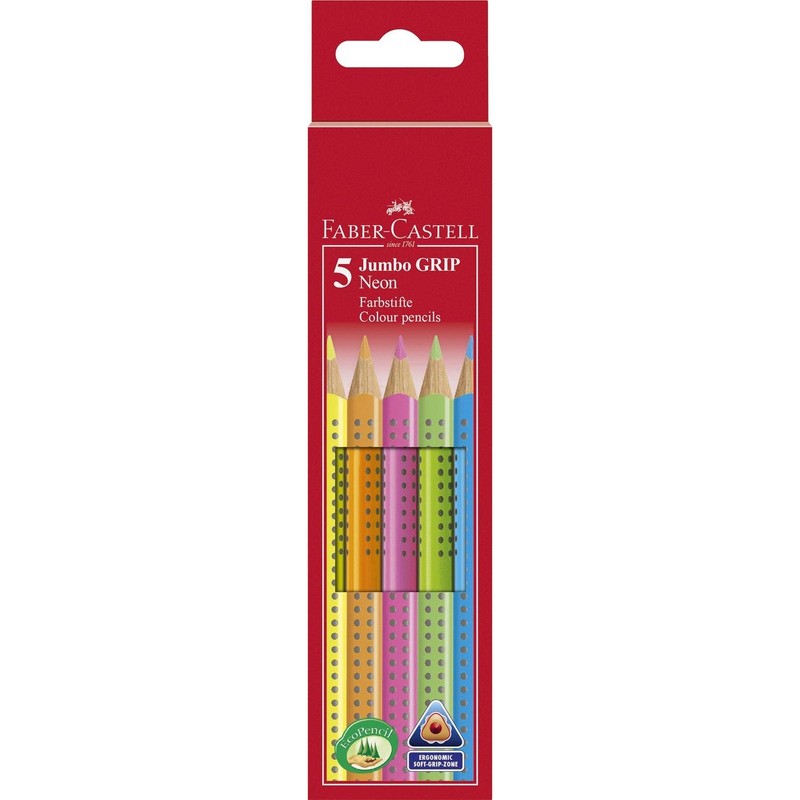 FABER-CASTELL Jumbo Grip Colouring Pencils, Writing Colour: 5 Neon Assorted