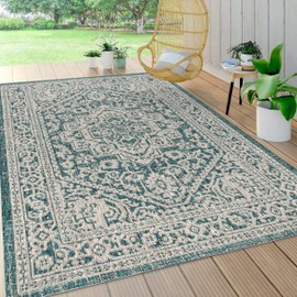 JONATHAN Y SMB101C-9 Sinjuri Medallion Textured Weave Indoor Outdoor Area Rug Coastal Bohemian Rustic Glam Easy Cleaning Bedroom Kitchen Backyard Patio Non Shedding, 9 X 12, Teal Blue/Gray