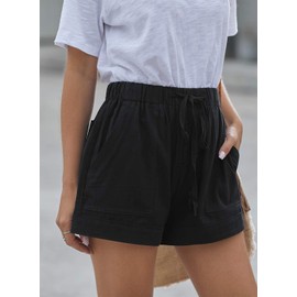 HVEPUO Women's Cotton Linen Shorts, Elastic Band Hot Pants, Summer Wide Shorts, B-black