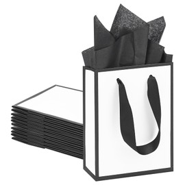QIELSER White and Black Gift Bags with Handles 4.7x2.3x6.3 Inches Small Paper Bags with Tissue Paper Gift Wrap Bags for Party Favors, Birthday Gifts, Weddings, Baby Showers, Goodie Bags (10)