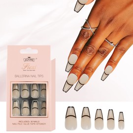 Coffin Press-On Nail Set Ecru & Black Outline French False Nail Tips 30Pcs Ballerina Acrylic Fake Nails Nail Art for Women