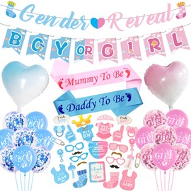 Baby Shower Gender Reveal Decorations - Pink Blue Boy or Girl Banners Decor, Photo Booth Props Sash and Balloons for Boys Girls Baby Gender Reveal Party Supplies