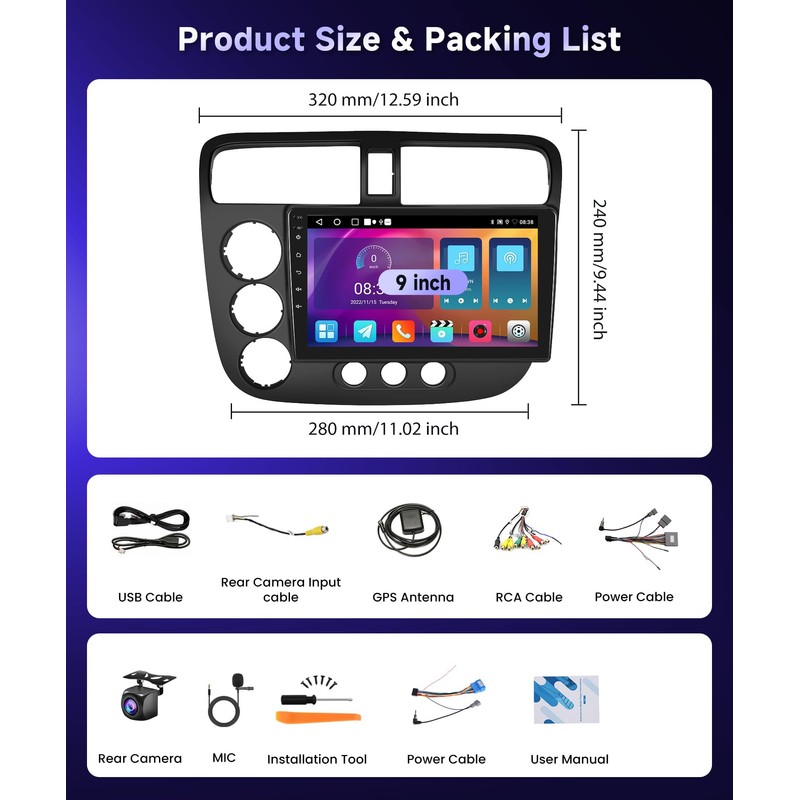 2G 64G Car Stereo Radio for Honda Civic 2001-2005, Wireless