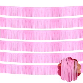 6 Pack 10 Feet Foil Fringe Garland Metallic Tinsel Streamers Banner Wall Hanging Backdrop Banner for Parade Floats, Valentine's Day, Wedding, Birthday, Mardi Gras Party Decorations(Macaron Pink)
