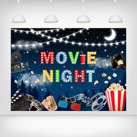 Printspree Movie Night Backdrop - 7x5ft Outdoor Cinema Party Decoration with Popcorn Film Reel and Camera Icons Perfect for Movie Themed Events and Photography Backgrounds