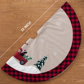 XAMSHOR 32 Inches Burlap Christmas Tree Skirt with Red and Black Plaid Border Embroidered Tree Skirt Decor for Xmas Decorations