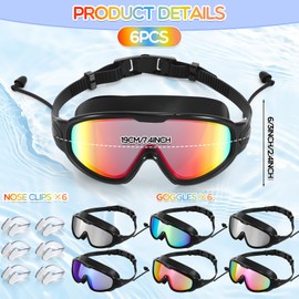 Kanayu 6 Pieces Swimming Goggles Wide View No Leaking Anti Fog Adult Swim Goggles for Swimming with Wear Earplugs and Nose Clip for Summer Adult Men Women Youth, UV Protection