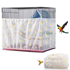 DECKALY Large Bird Cage Cover, Bird Cage Seed Catcher, Adjustable Soft Airy Nylon Mesh Net, Birdcage Cover Skirt Seed Guard for Parrot Parakeet Macaw African (Daisy-White, 15.7" x118")