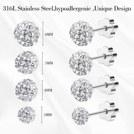 4Pairs Crystal Ball Stud Earrings for Women Hypoallergenic Stainless Steel Flat Back Stud Earrings Sparkly Cubic Zirconia Disco Ball Earrings Set 3 4 5 6 MM