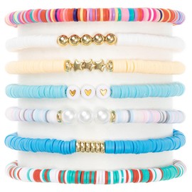meosked 7pcs Heishi Surfer Clay Bead Colorful Preppy Friendship Bracelets for Women (7pcs-Blue Pink)