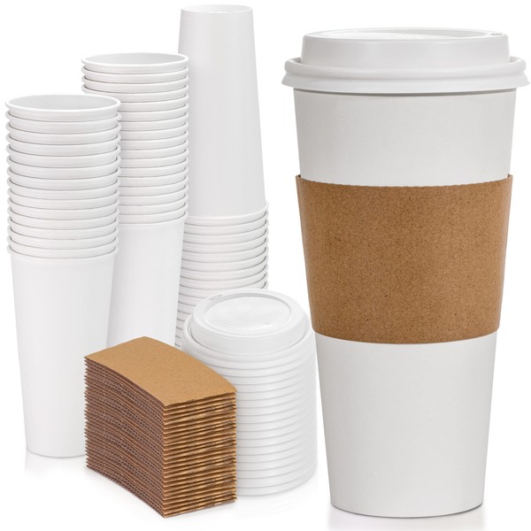Fit Meal Prep 50 Pack 24 oz Disposable Coffee Cups with Lids and Sleeves, Premium Large To Go Coffee Cups with Lids, Durable Thickened Hot White Paper Cup for Cold/Hot Beverage Chocolate Cocoa Tea