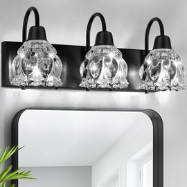 3-Light Bathroom Light Fixtures, Black Modern Bathroom Vanity Lights with Flower Glass Shade, Bathroom Wall Lamp for Mirror Bedroom Kitchen Living Room Hallway Cabinet Porch, E12 Bulbs Needed