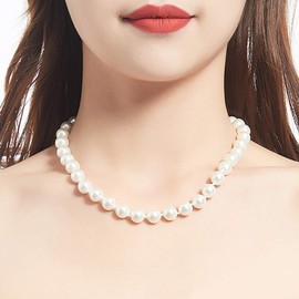 BULINLIN Pearl Beaded Choker Necklace for Women, 8mm/10mm Shell Pearls Costume Strand Necklace Fashion Jewellery Birthday Gift for Her（10mm White）