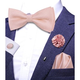 Hi-Tie Light Pink Bow Ties for Men Silk Pre-Tied Adjustable Bowties Lapel Pin Pocket Square Cufflinks Set for Wedding
