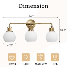 KLKLCH 24" Bathroom Vanity Light, 3-Light Brushed Gold Vanity Lighting Fixture Over Mirror,Modern Wall Mount with Milk White Globe Glass Shade .24" L x 6.75" W x 10.5" H .BD045-3-G