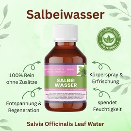 Salbeiwasser Bio – 100 % naturrein – Salvia officinalis Leaf Water – Gesichtswasser & Körperspray – Vegan, alkoholfrei, ohne Zusatzstoffe – Nakobe (250ml(2x))