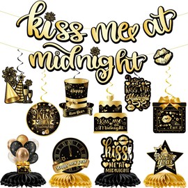 iPartyGo Happy New Year Decorations - 12 PCs Kiss Me at Midnight Banner Eve Party Supplies 2025 Black Gold Glitter Hanging Swirl Honeycomb Centerpieces NYE Sign Decor Backdrop Photo Booth Background
