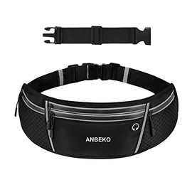 ANBEKO Universal Running belt with Extender, Large Capacity Runner Waist Pack with 4 Pockets,Hiking Travel Camp Running Workout Belt Bag,Reflective No Bounce Waist Bag,Easy Carry any Large Phones
