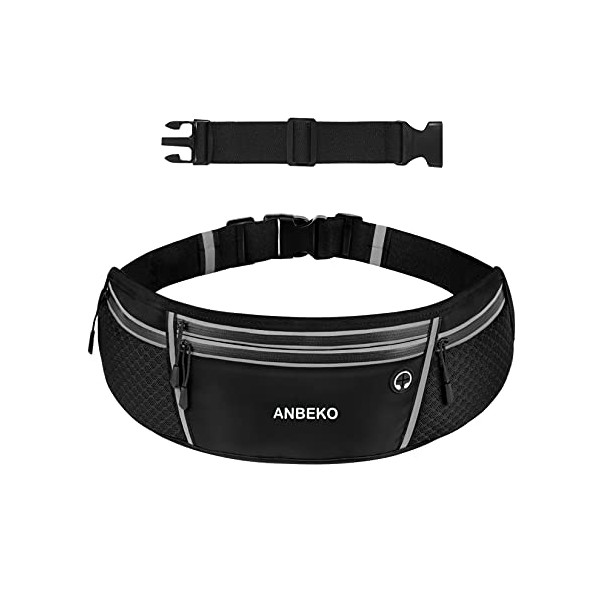 ANBEKO Universal Running belt with Extender, Large Capacity Runner Waist Pack with 4 Pockets,Hiking Travel Camp Running Workout Belt Bag,Reflective No Bounce Waist Bag,Easy Carry any Large Phones