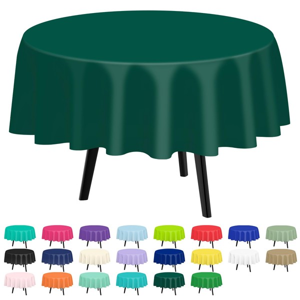 QIKSION Dark Green Round Tablecloth 2 Pack, 84 Inch Plastic