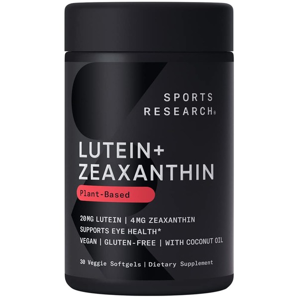 Sports Research Vegan Lutein + Zeaxanthin (20mg) with Organic Coconut Oil for Better Absorption - Supports Vision & Eye Health - Vegan Certified & Non-GMO Verified (30 Softgels)