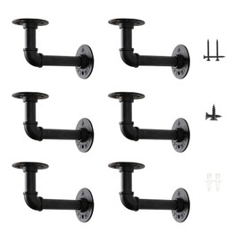 Aunulahca 3/4" Industrial Pipe Shelf Brackets (6 Pack Black) for 8 10 12 Inches Board, Black Iron Floating Shelf Brackets Heavy Duty Industrial DIY L Shaped Pipe Brackets for Wood Floating Shelving