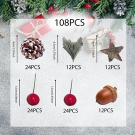 108PCS Christmas Wreath Making Decoration Artificial Pine Cone Berry Set Natural Pine Cone Red Holly Berries Pine Branches for DIY Xmas Wreath Decorations Crafts Christmas Tree Ornament