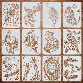 FINGERINSPIRE 12Pcs Wildlife Painting Large Stencil 21x29.7cm Fox Tiger Peacock Whale Horse Lion Jellyfish Dog Bird Hedgehogs Giraffe Pattern Stencil Animal Themes Spraying Big Stencil for Home Decor