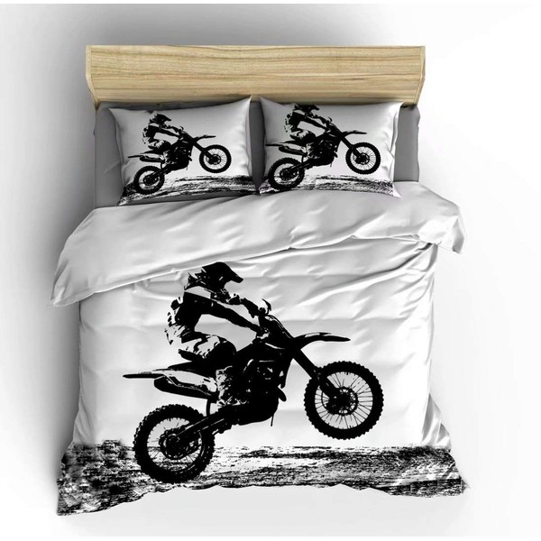 Abojoy 3D Racing Motorcycle Motocross Bedding Dirt Bike Xtreme Sports 3PC Duvet Cover Sets, Silhouette Image Men Teens Boys Kids Children Comforter Cover Bedding Set, Full Size