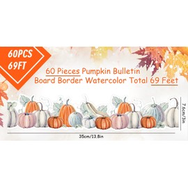 Whaline 69Ft Fall Thanksgiving Bulletin Board Borders Fall Autumn Watercolor Pumpkin Borders Self-Adhesive Thanksgiving Blackboard Border Sticker for Harvest Classroom Chalkboard School Decor, 60Pcs