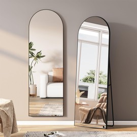 Aqoiiop Arched Full Length Mirror with Stand, 59"x16" Floor Mirror, Aluminum Alloy Frame Black Mirror Full Length, Arched Full Body Mirror Hanging or Leaning Wall for Bedroom Cloakroom