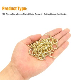 FENGXUE Pack of 100 1 inch copper cup hooks, metal hook cup hooks, brass plate screw hooks in various sizes, metal screw hooks for wall mounting, suitable for kitchens