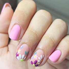 Flower Press on Nails Square Fake Nails Glossy Glue on Nails Short Colorful False Nails with Frosted Design Full Cover Acrylic Nails Summer Cute Press on Nails Stick on Nails for Women 24Pcs