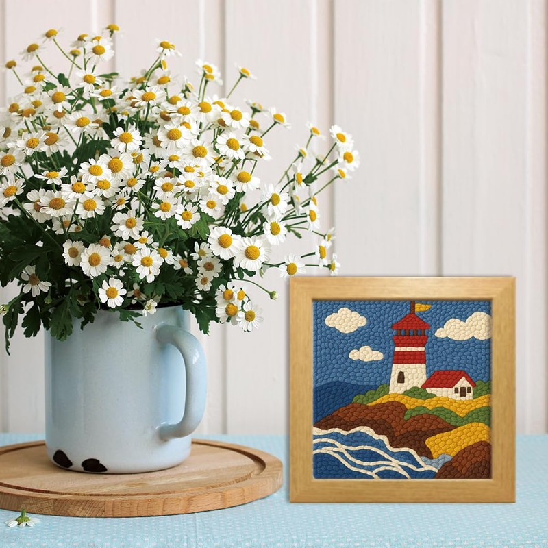 FREEBLOSS 9.4" x 9.4" Lighthouse Punch Needle Kits DIY Framed